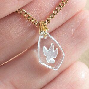 Miniature glass intaglio Holy dove pendant on gold tone chain